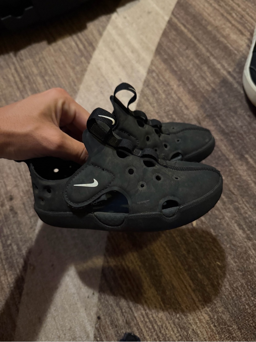 Nike Kids Black Slip-On Water Sandals with White Swoosh